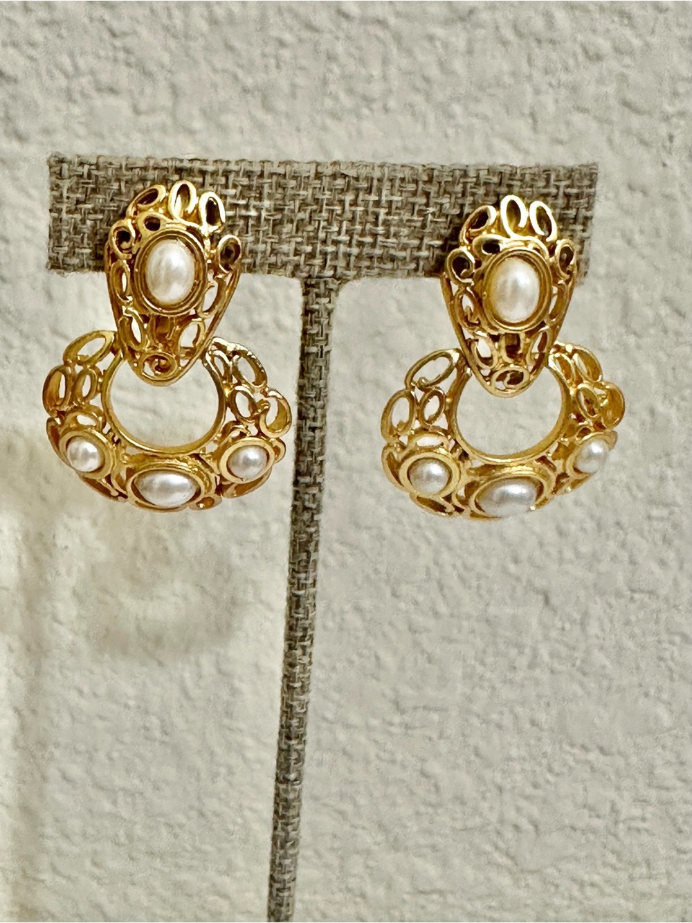 Vintage Gold Pearl Accent Filigree Drop Earrings - Clips